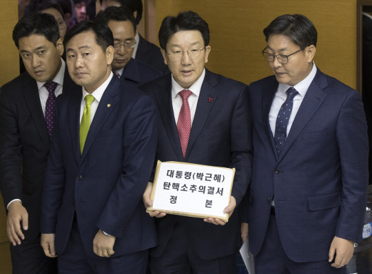 <탄핵가결> 탄핵소추의결서 제출하는 권 위원장      (서울=연합뉴스) 윤동진 기자 = 박근혜 대통령 탄핵 소추안이 가결된 9일 오후 서울 종로구 헌법재판소에서 권성동 국회 법제사법위원장을 비롯한 법사위원들이 탄핵 소추 의결서를 제출하기 위해 민원실로 들어서고 있다. 2016.12.9      mon@yna.co.kr  (끝)